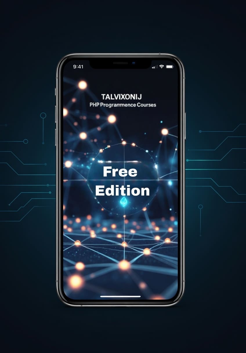 Smartphone displaying 'Talvixonij PHP Programme Courses Free Edition' on a dark background with circuit design.