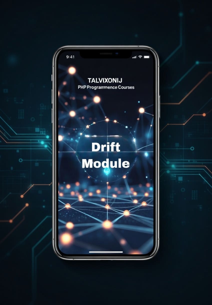 Smartphone displaying 'TALVIXONIJ PHP Programme Courses' on a dark background with circuit design elements.
