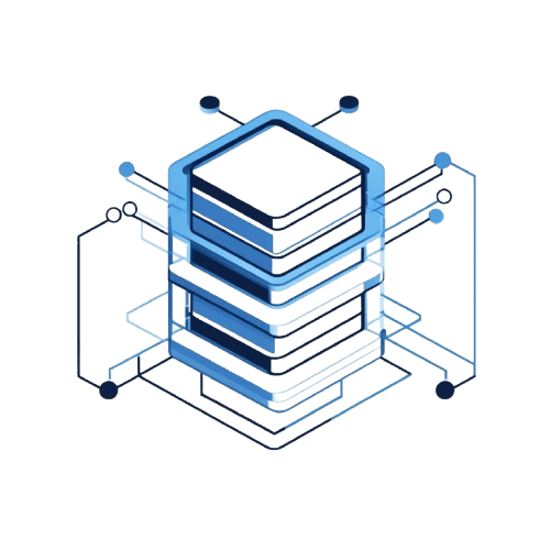 3D isometric illustration of a server stack with interconnected components on a transparent background