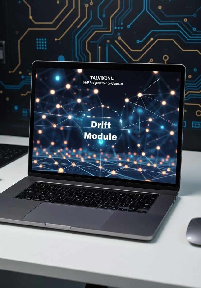 Laptop on a desk with a computer science-themed background