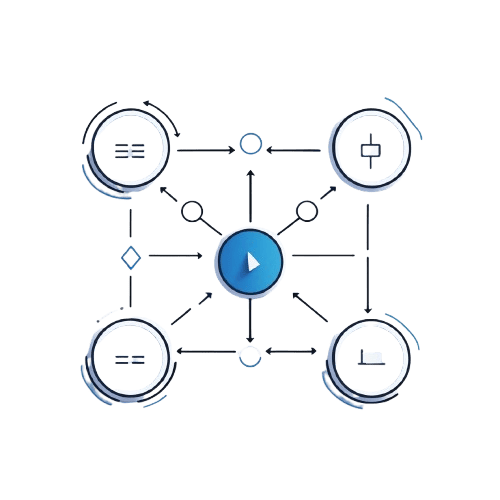 Diagram with interconnected circles and a central blue circle with a white play button symbol on a green background