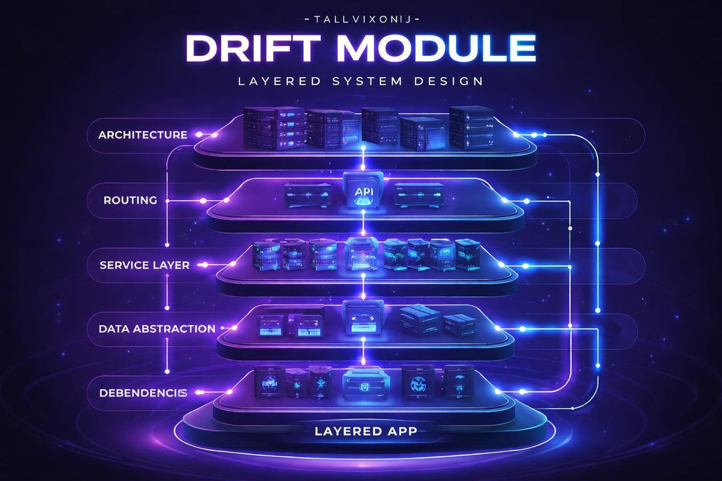 Diagram of a layered system design labeled 'Drift Module' with glowing purple and blue lines on a dark background.