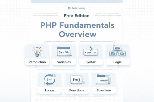 PHP Fundamentals Overview course on Talenvix.org with icons and text labels.