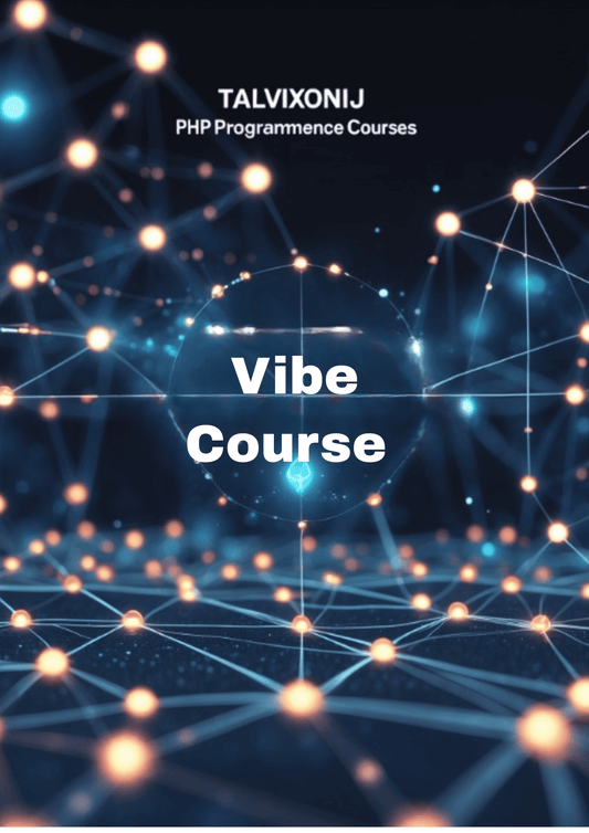 Cover of a PHP programming course book titled 'Vibe Course' by Talvixonij with a futuristic network design background.