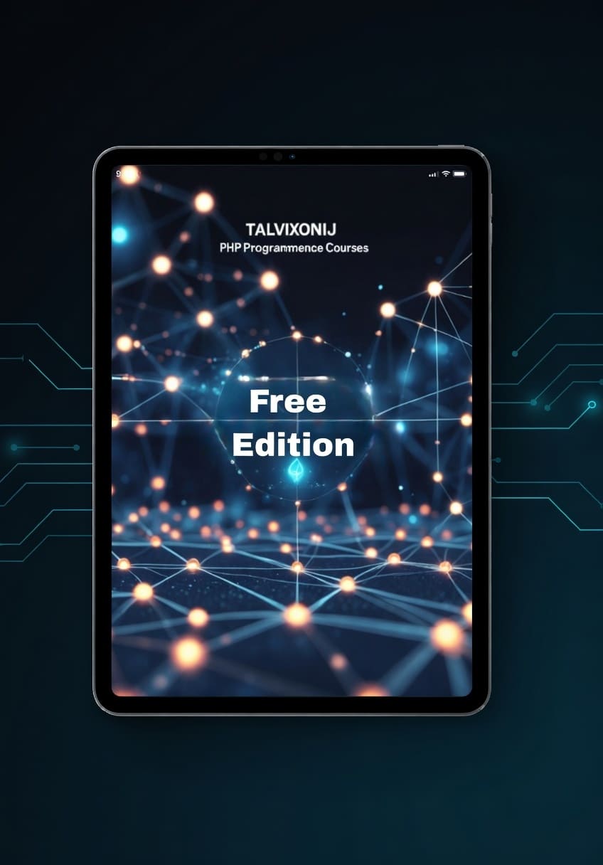 Tablet displaying a free edition offer for Talvixonij PHP programming courses on a dark background.