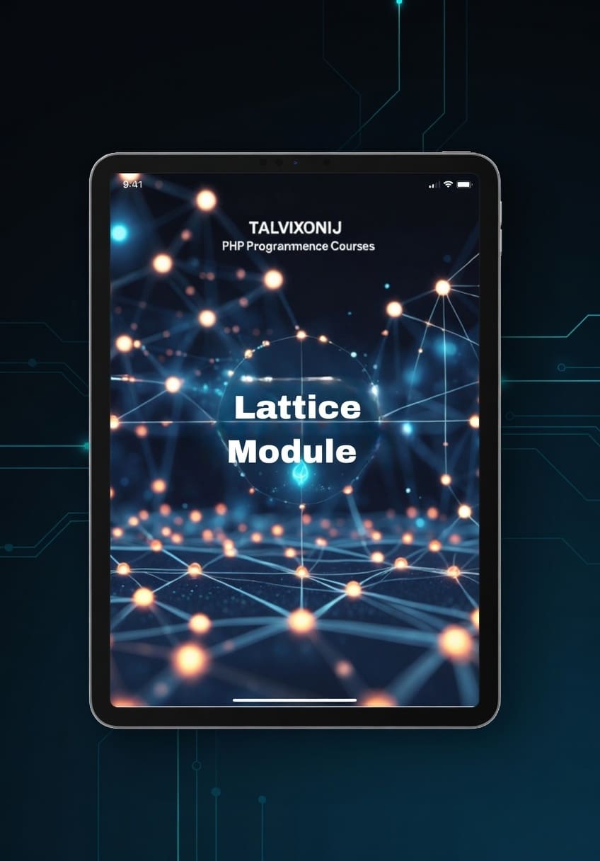 Tablet displaying 'Talvixonij PHP Programming Courses' with 'Lattice Module' on a dark background
