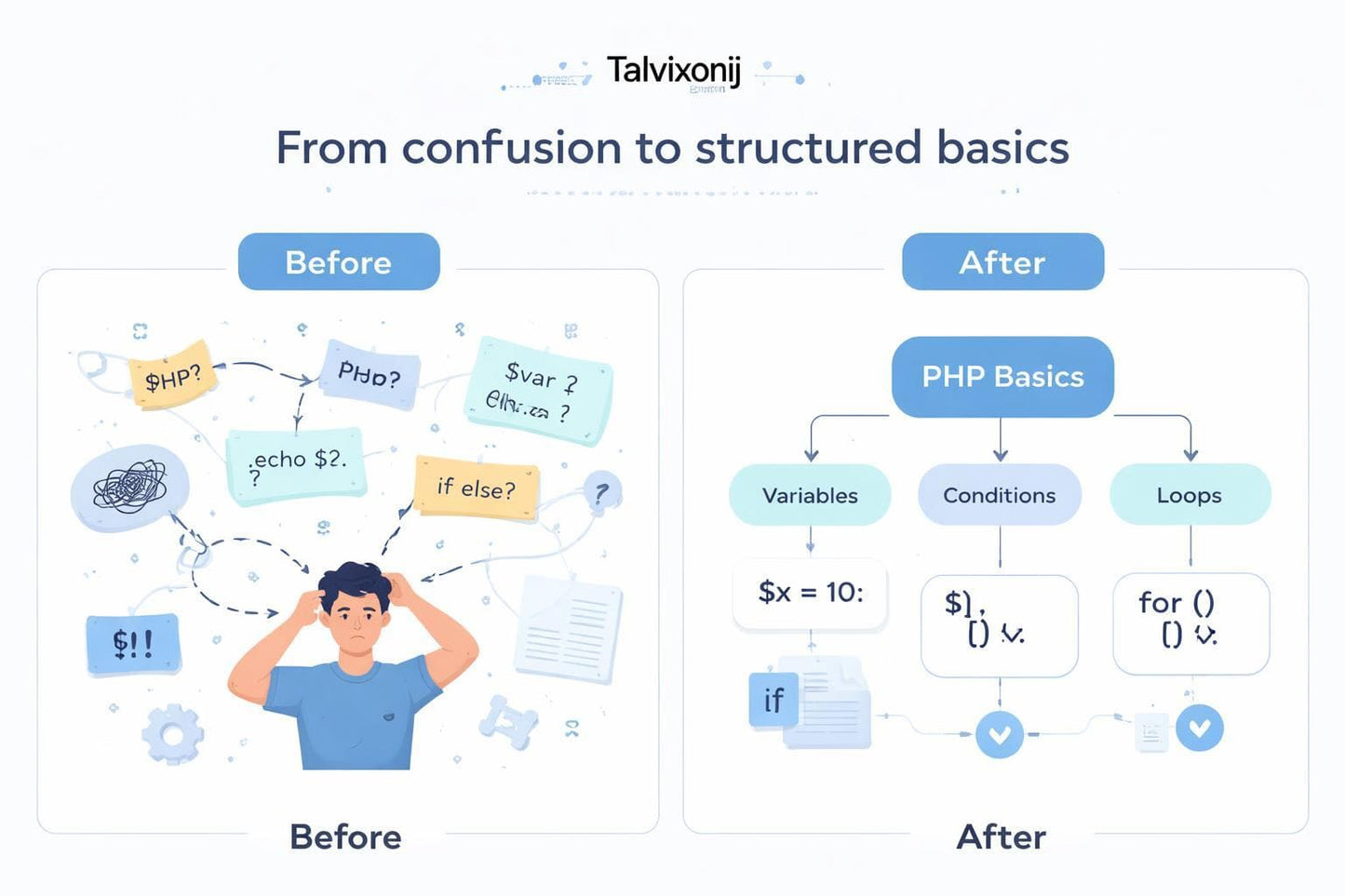 Diagram showing a person confused with technical terms and flowcharts explaining PHP basics after confusion.