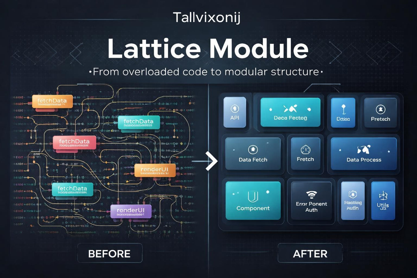 Comparison of overloaded code structure to modular structure with 'Tallvixonij Lattice Module' branding.