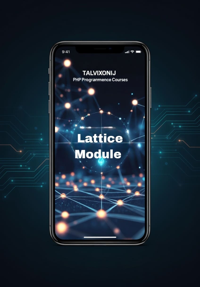 Phone displaying 'Talvixonij PHP Programme Courses' with 'Lattice Module' text on a dark background