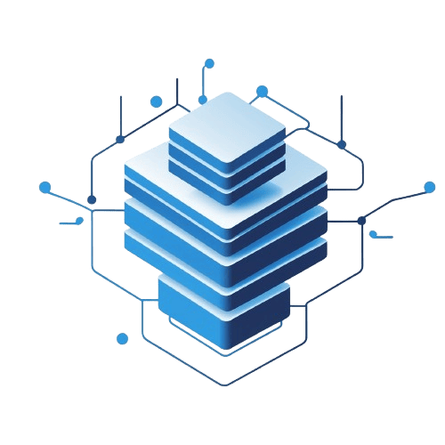 Blue stacked square icon with network lines on a transparent background