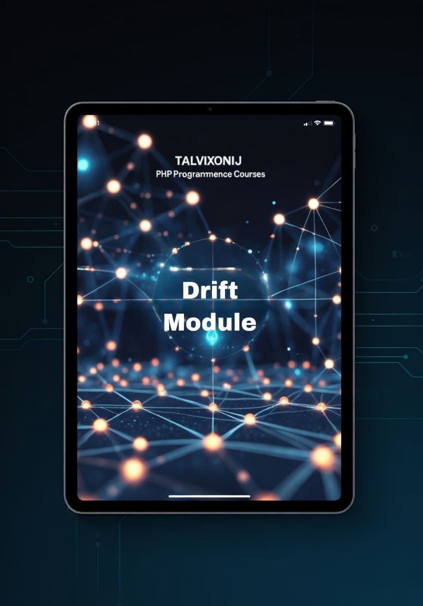 Tablet displaying a screen with 'Talvixonij PHP Programming Courses' and 'Drift Module' on a dark background.