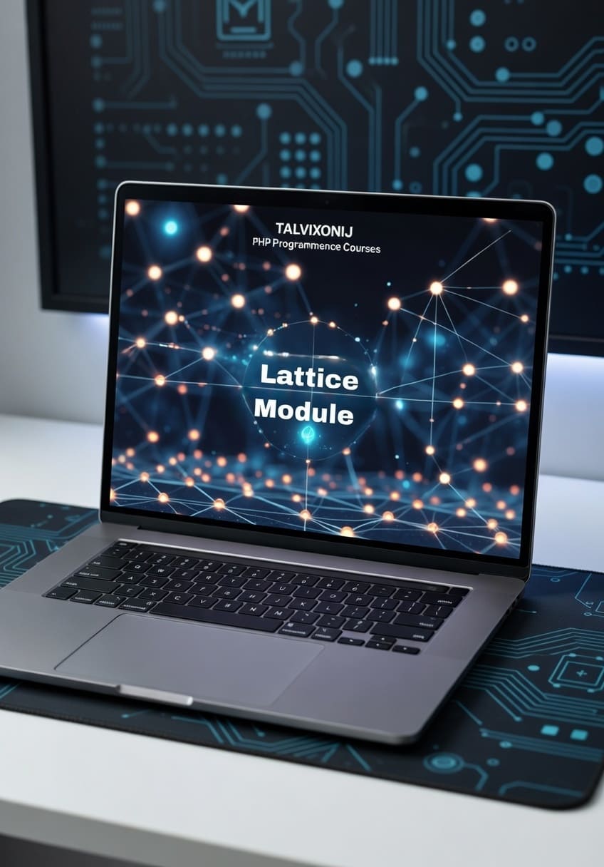 Laptop displaying 'Talvixonij PHP Programming Courses' with a 'Lattice Module' on a desk.