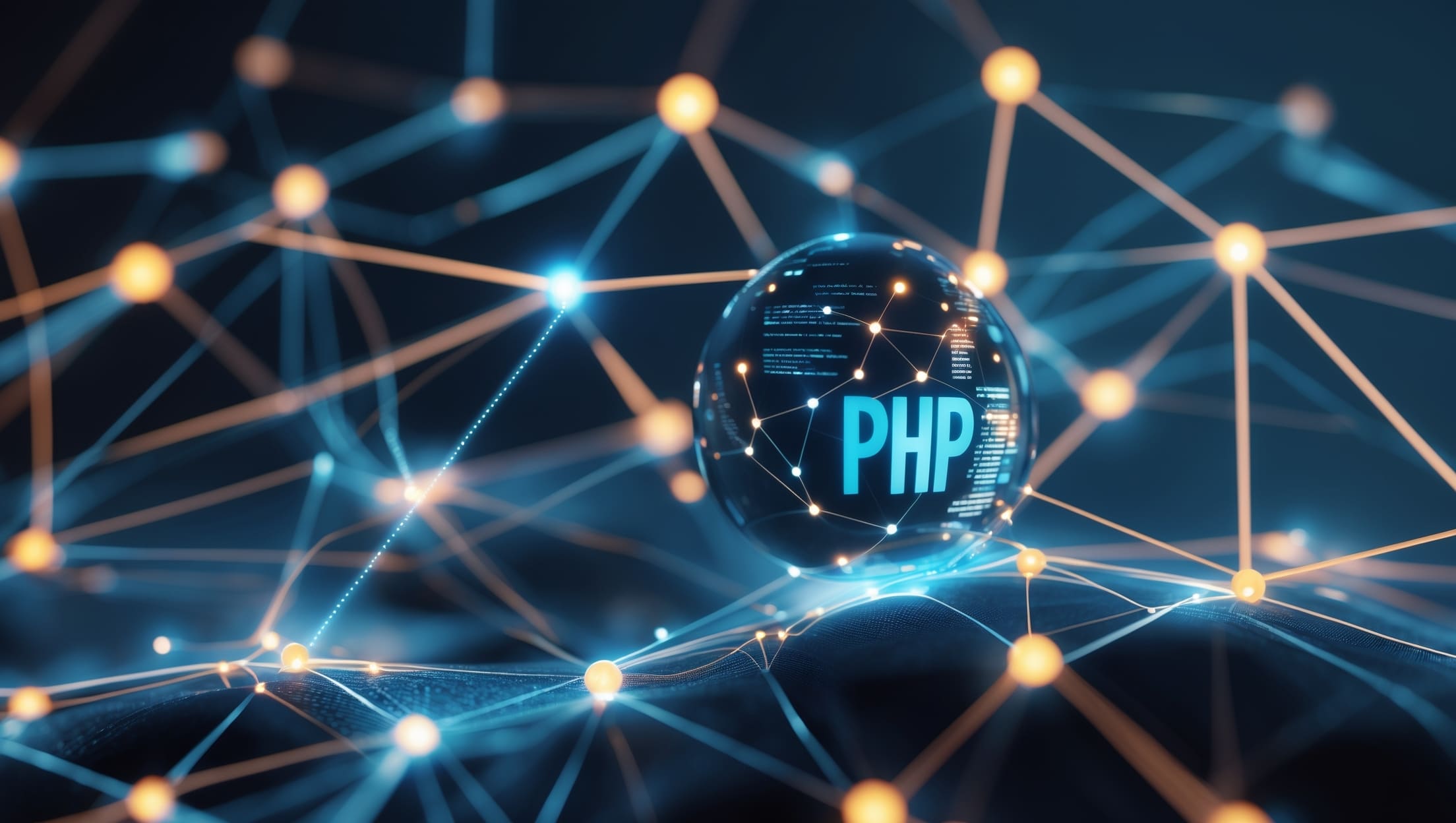 Crystal ball with 'PHP' text surrounded by network-like structure on a dark background