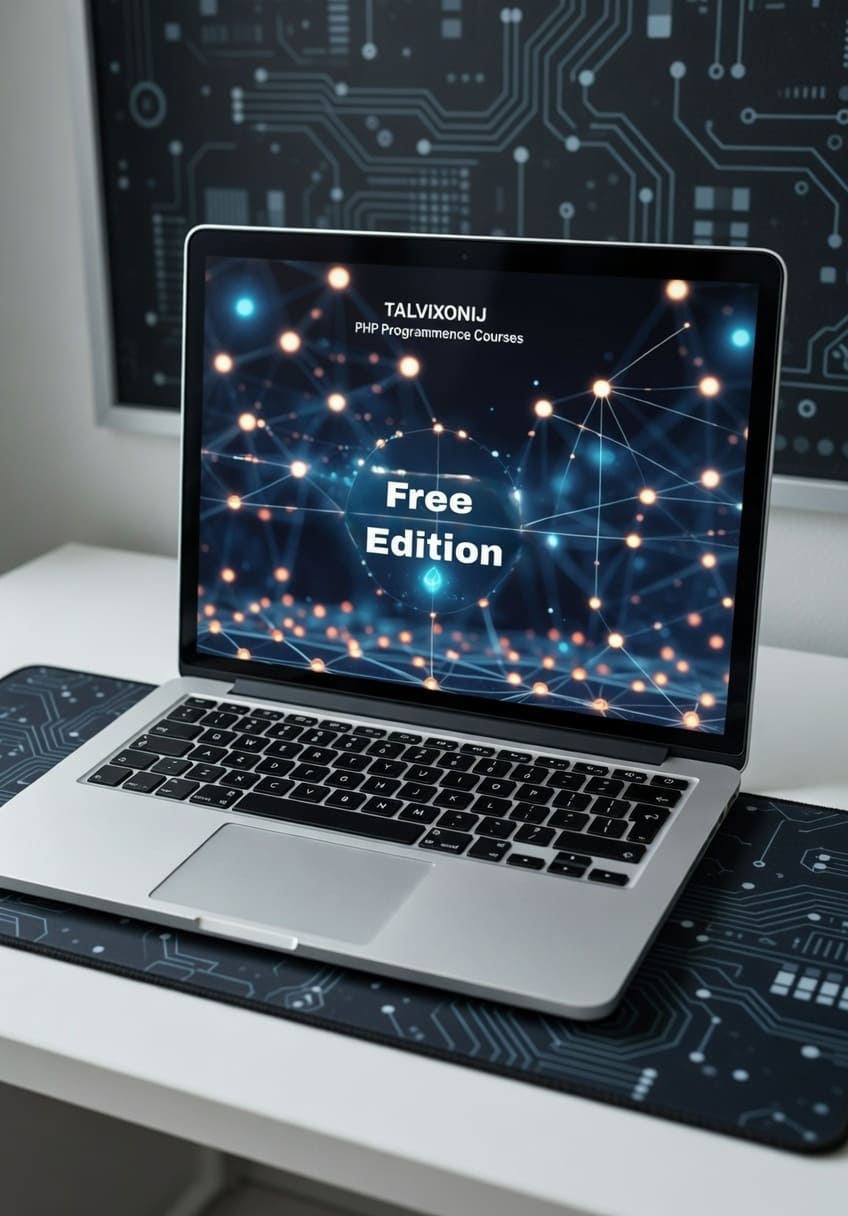 Laptop on a desk with a screen displaying 'Free Edition' text, set against a dark background with circuit board design.