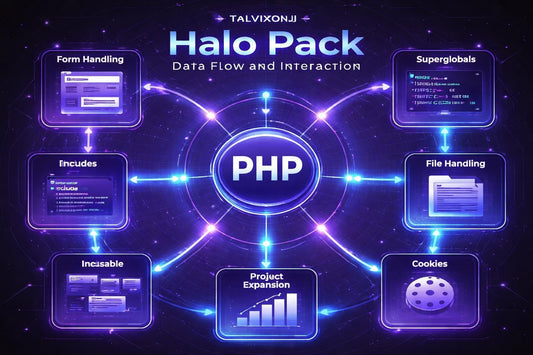 Diagram of PHP with related technologies and features on a dark background