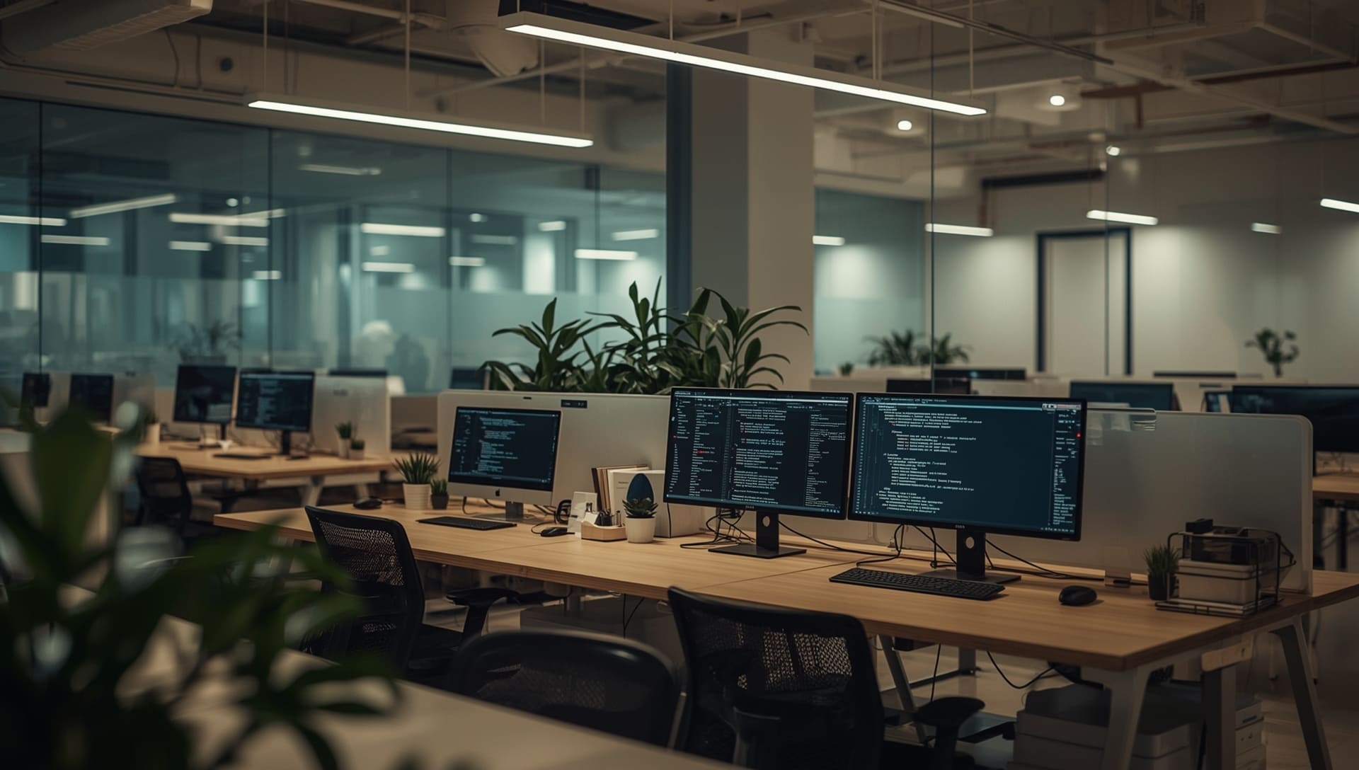 Modern office with desks, computers, and plants