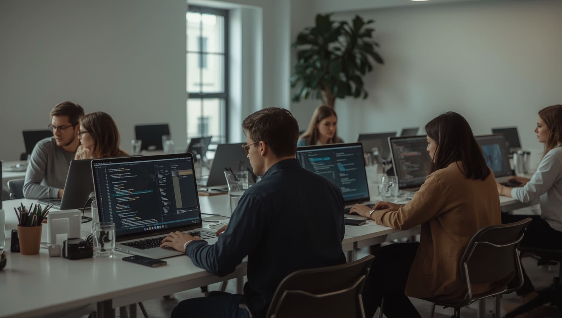 People working on computers in a modern office setting